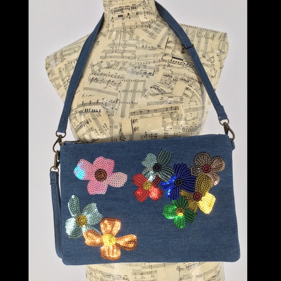 Sara Denim W/Sequins Crossbody, Wristlet, Clutch - Picture 2 of 5